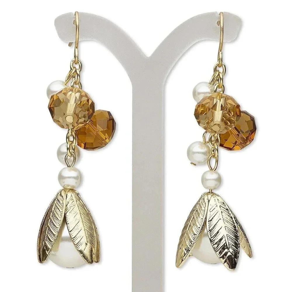 Amber Orange Faceted Czech Crystal White Faux Pearl Gold Leaves Dangle Earrings